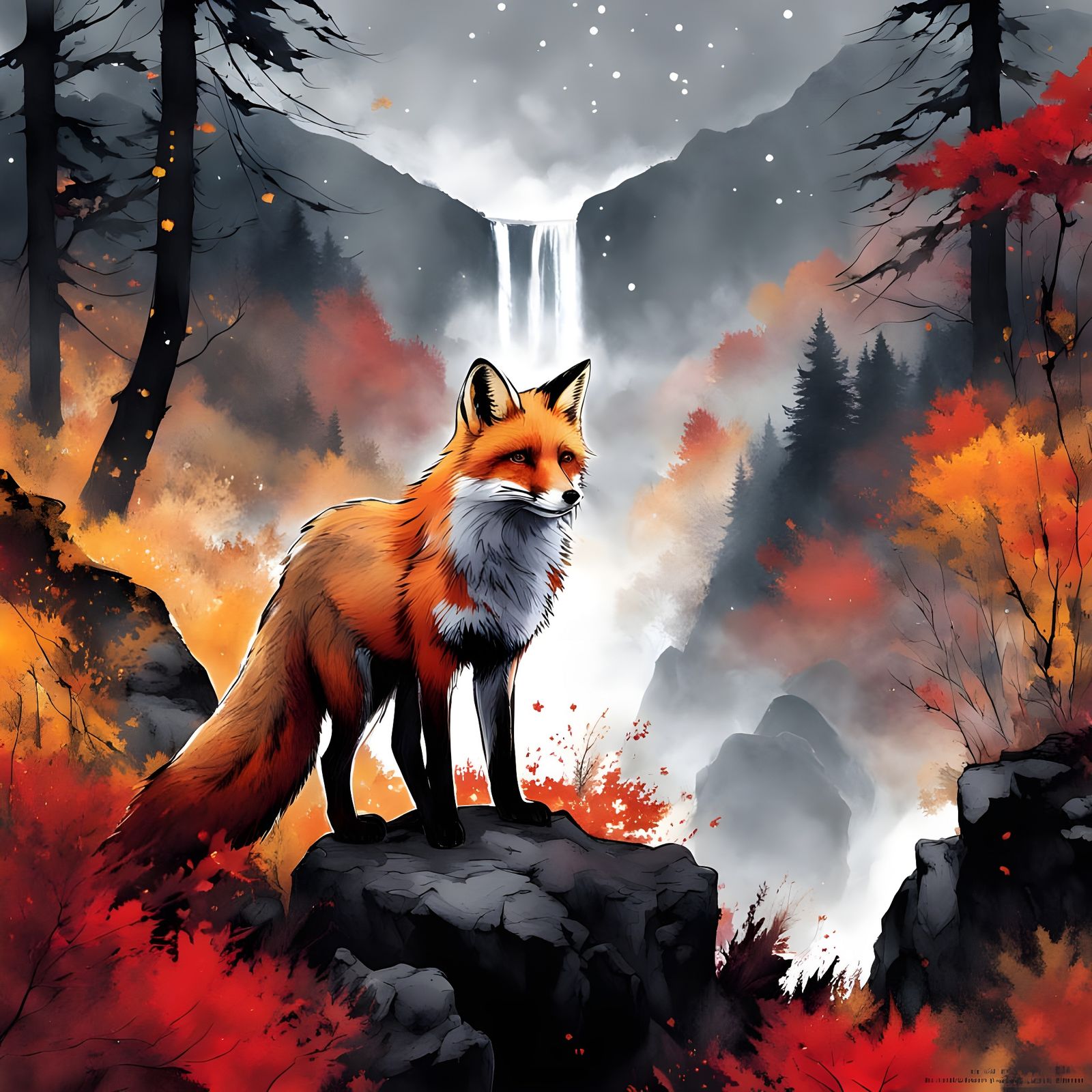 Vibrant Autumn Night with Fox and Waterfall in Starry Mounta...