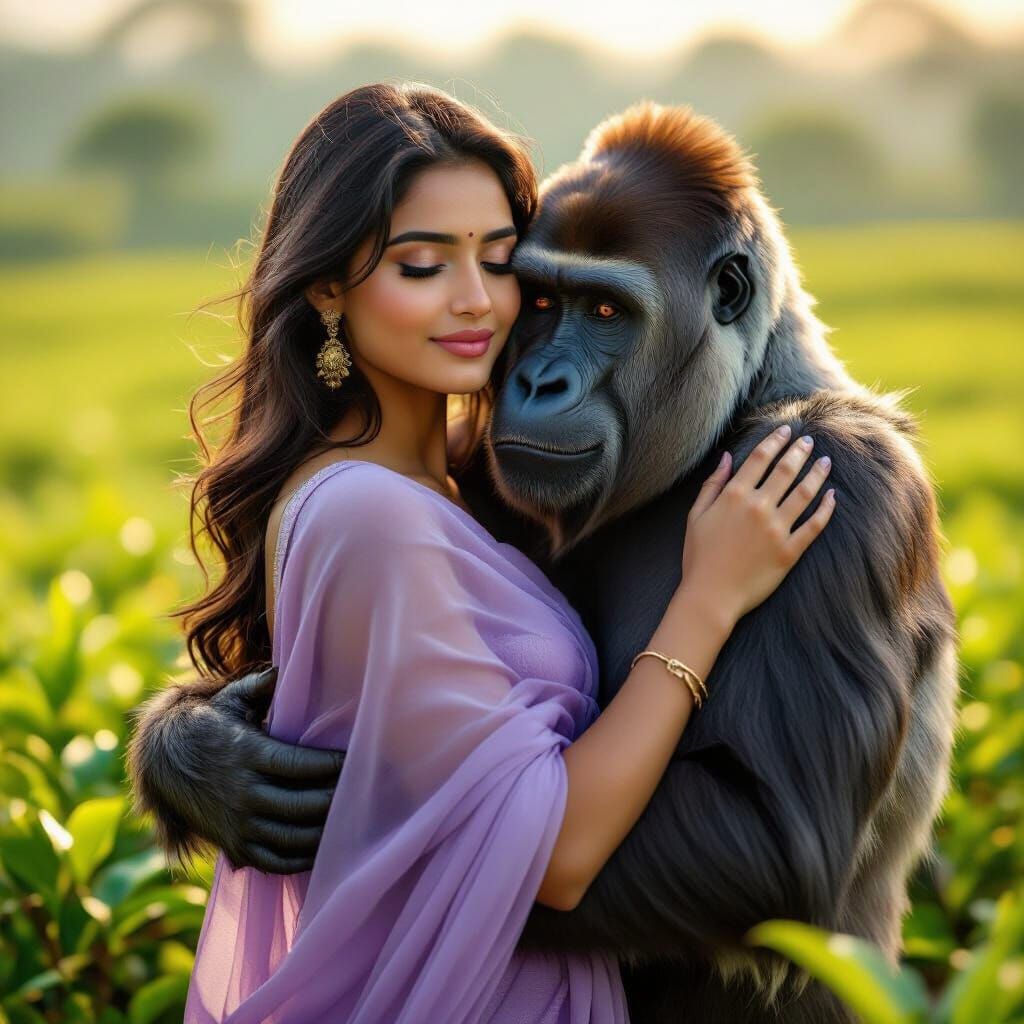South Asian Woman Embraced by Gorilla in Lush Tea Garden