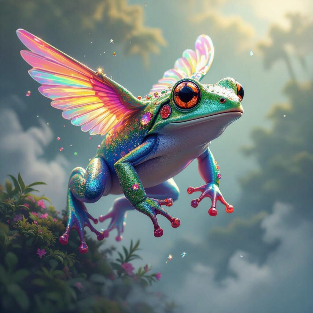 Rainbow Crystal Frog Soaring in Surreal Digital Art