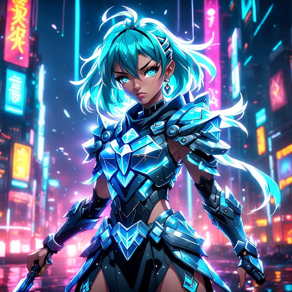 Neon Diamond Warrior Anime Girl: Detailed Matte Painting