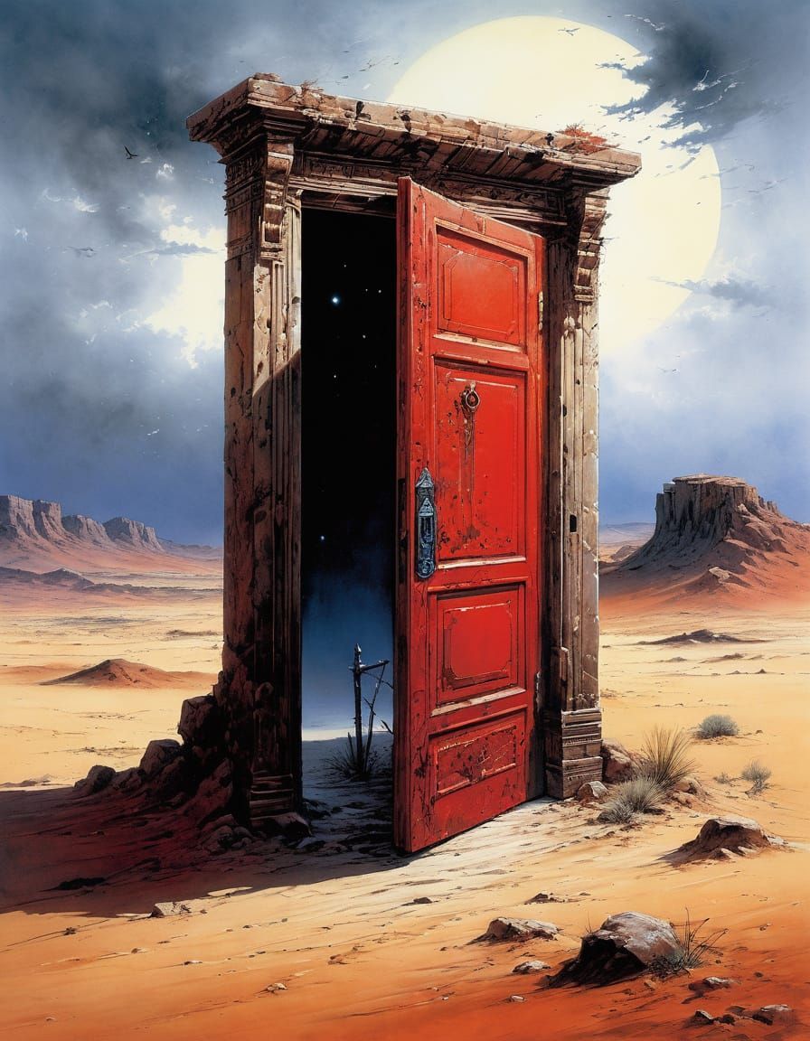 Mysterious Glowing Door in Desert Landscape