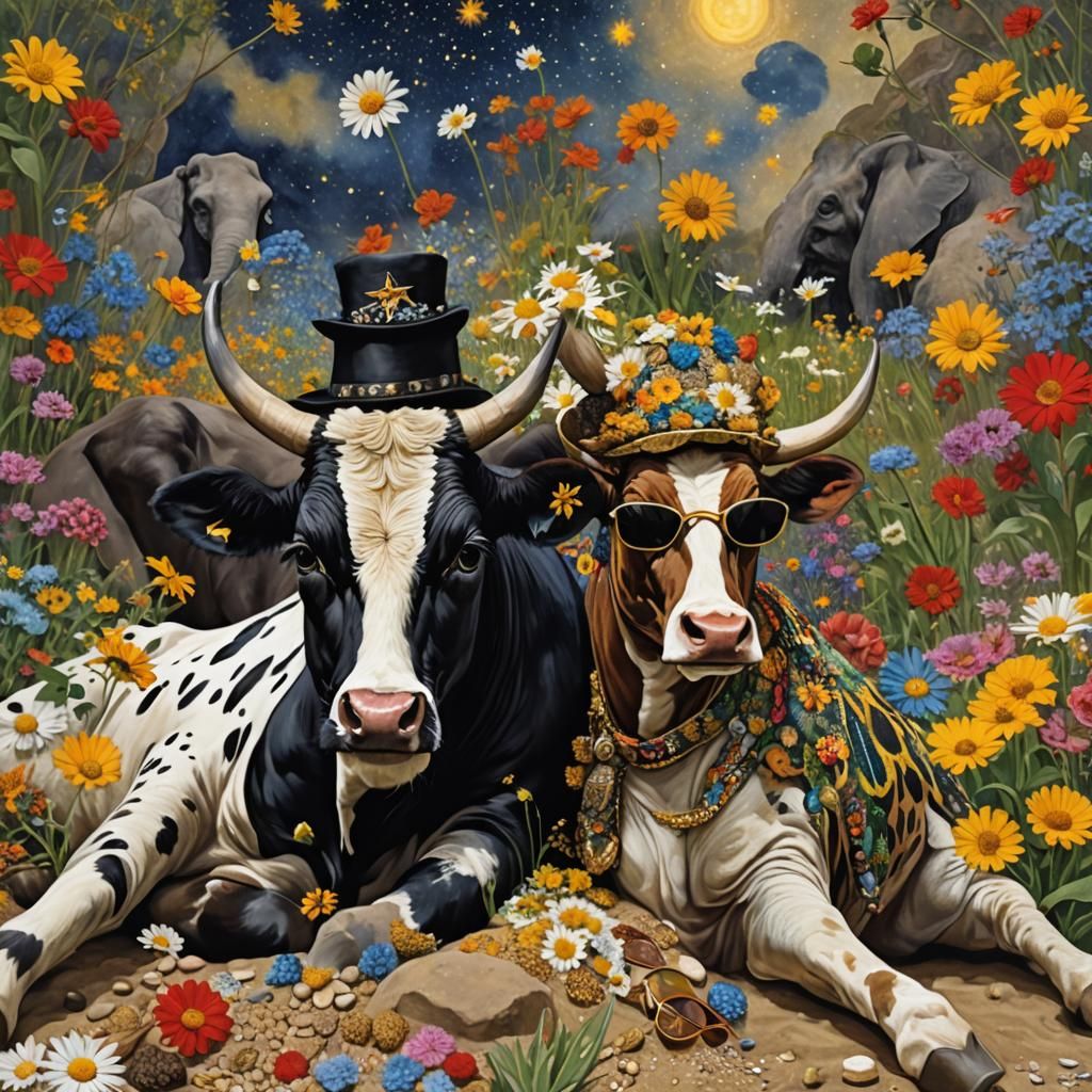 Surreal Cow in Daisies, Gothic Hyperrealistic Art