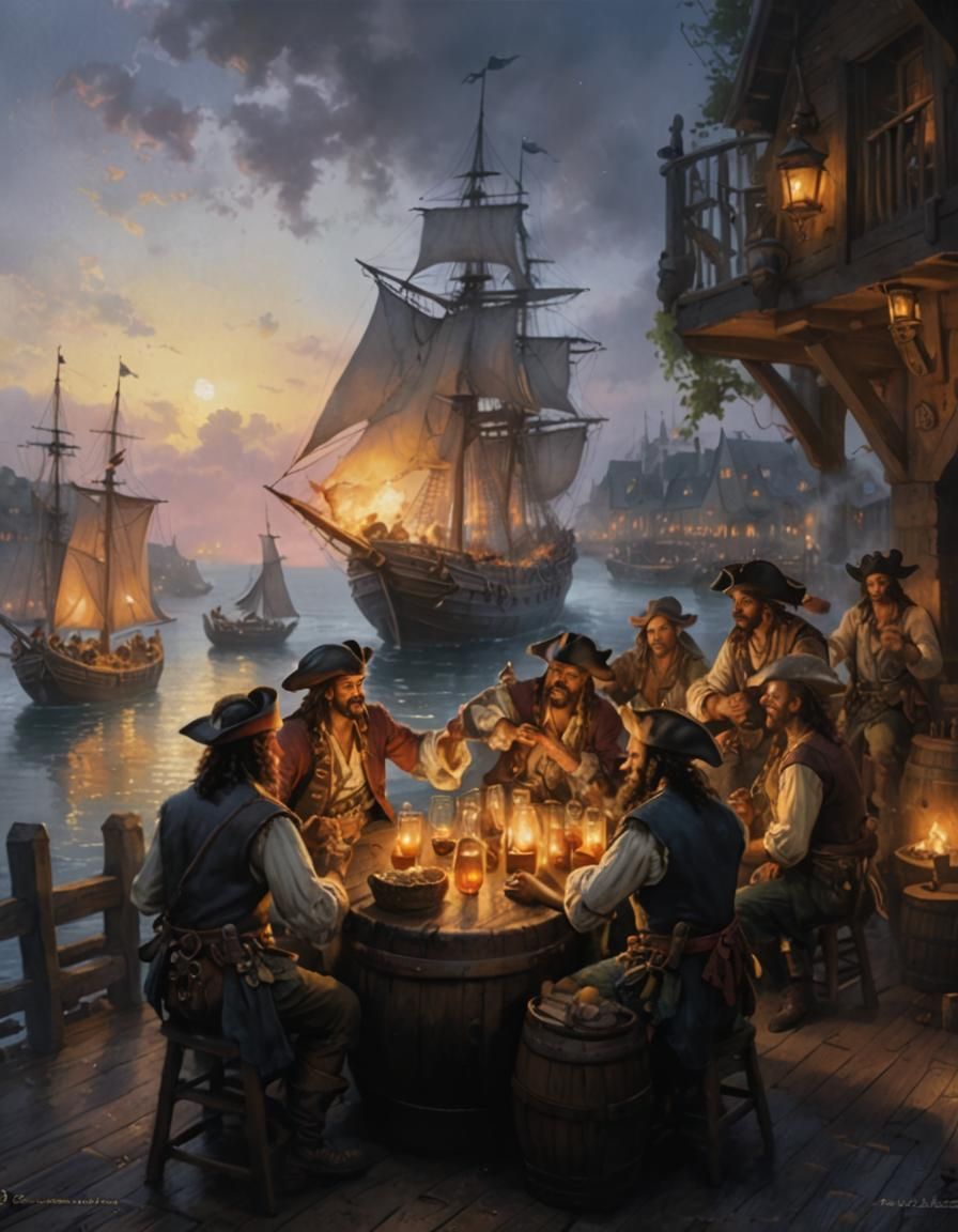 Pirate Tavern Scene in Watercolor Style