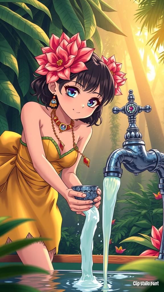 Lush Jungle Scene: Girl at Diamond Fountain, Manga Style