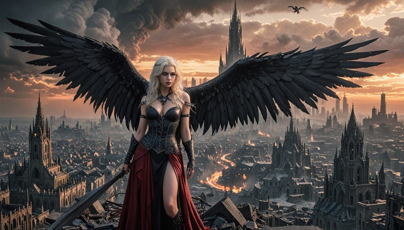 Gothic Sorceress and Fallen Angel in Apocalyptic City