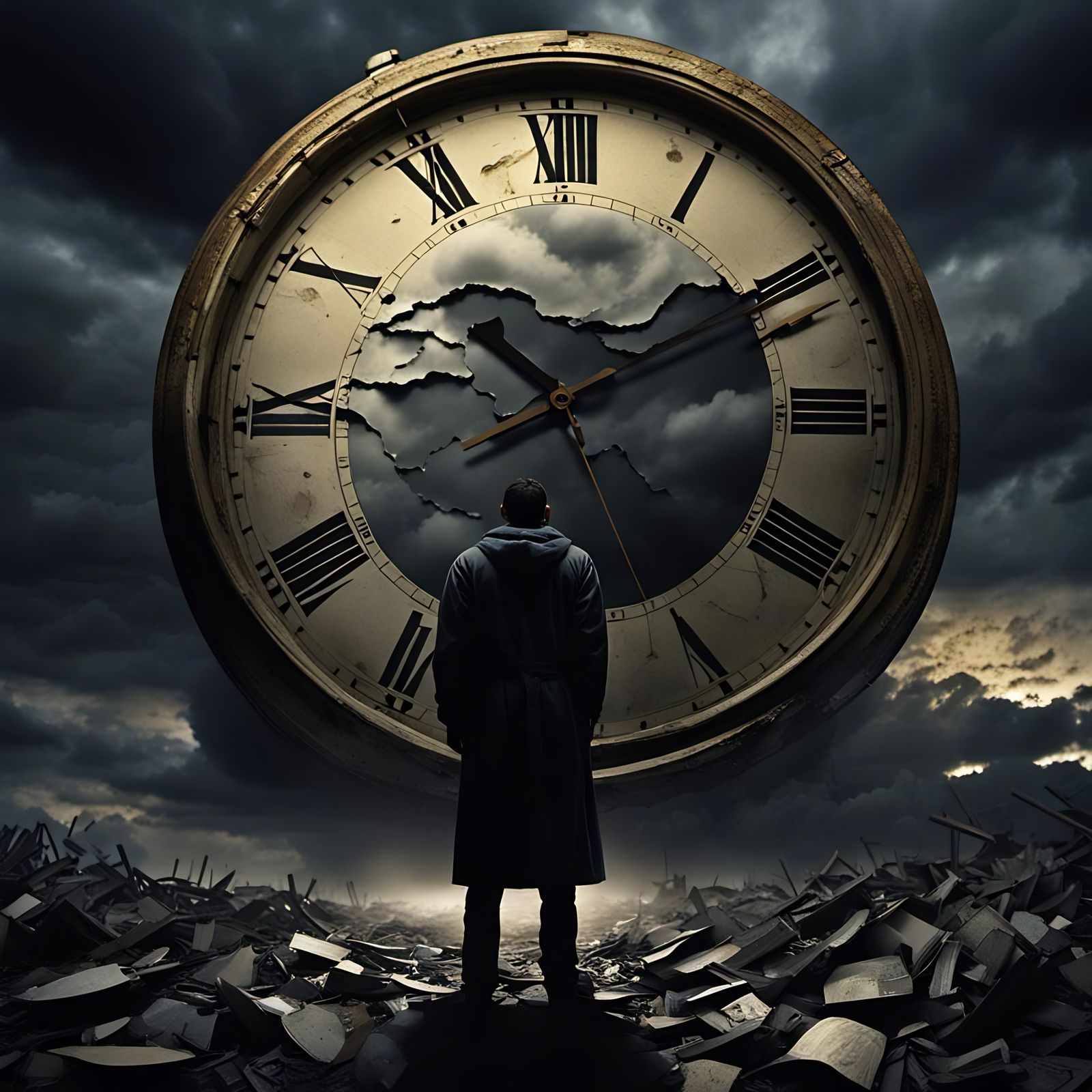 Desolate Man at Midnight with Broken Clock