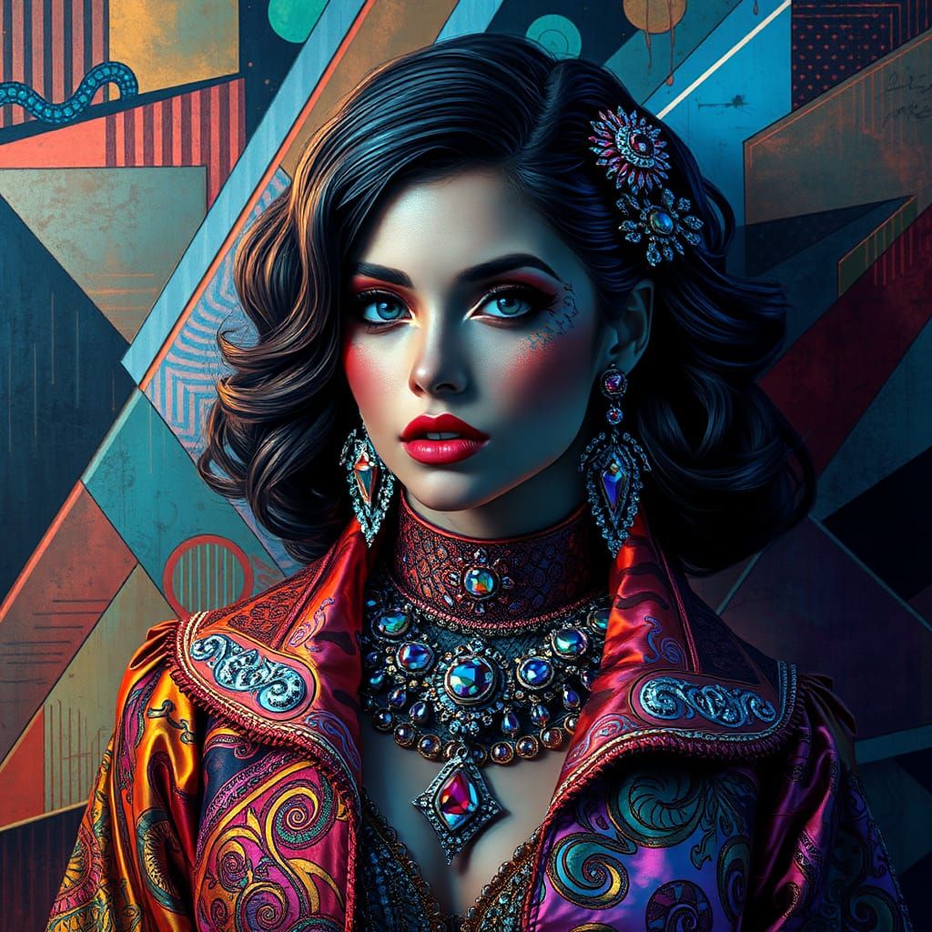 Vibrant Portrait in Abstract Cubist Retro-Futuristic Style