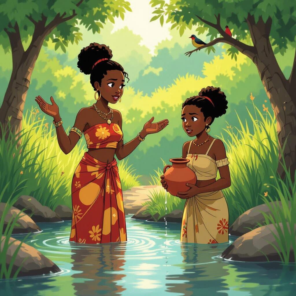 Nigerian Women at Village Stream in Animation Style