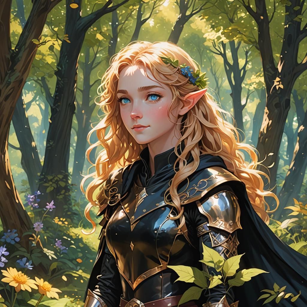 Half-Elf in Sunlit Forest: Anime-Style Illustration