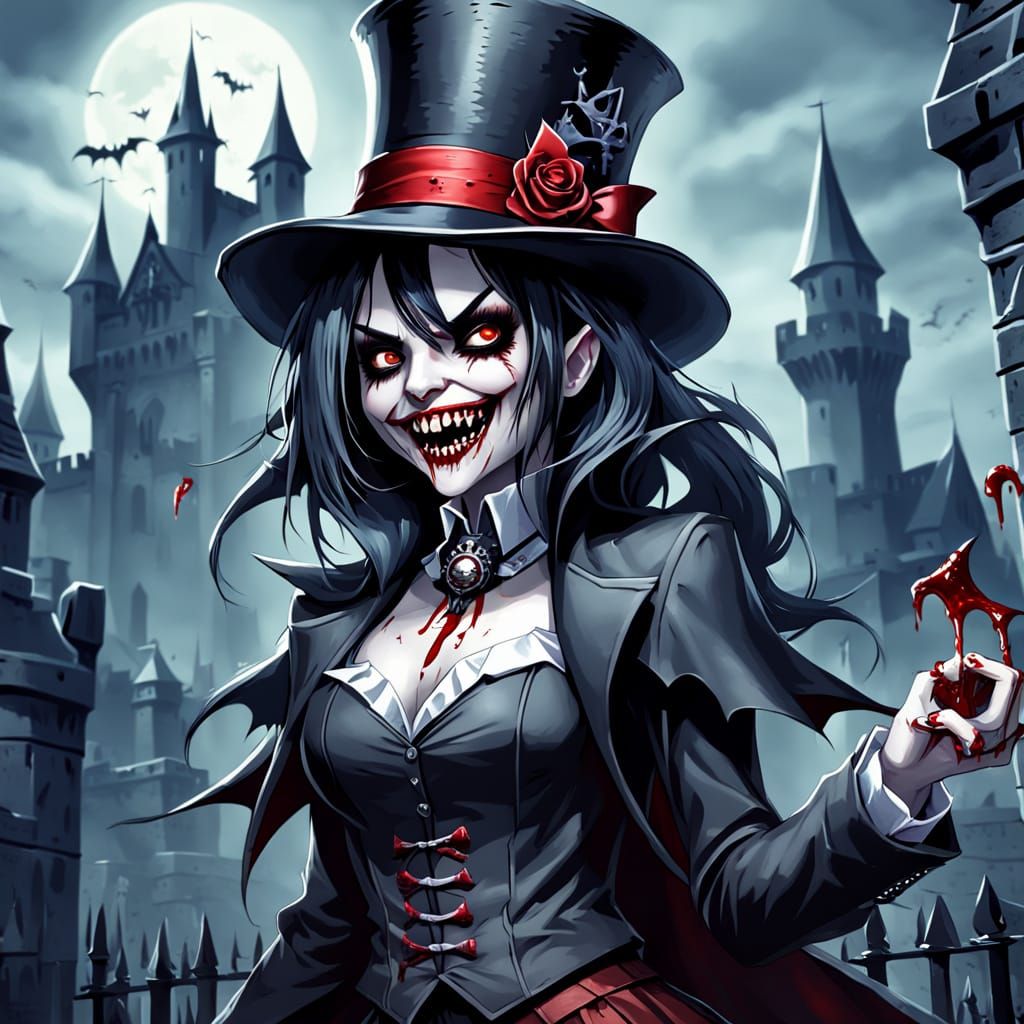 Dark Fantasy Vampire Outside Castle in Top Hat