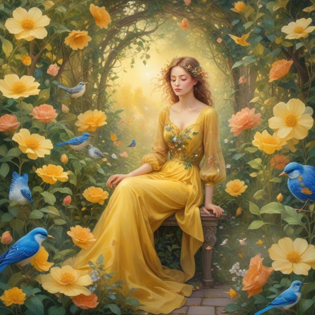 Dreamy Surrealist Garden Scene with Woman and Birds