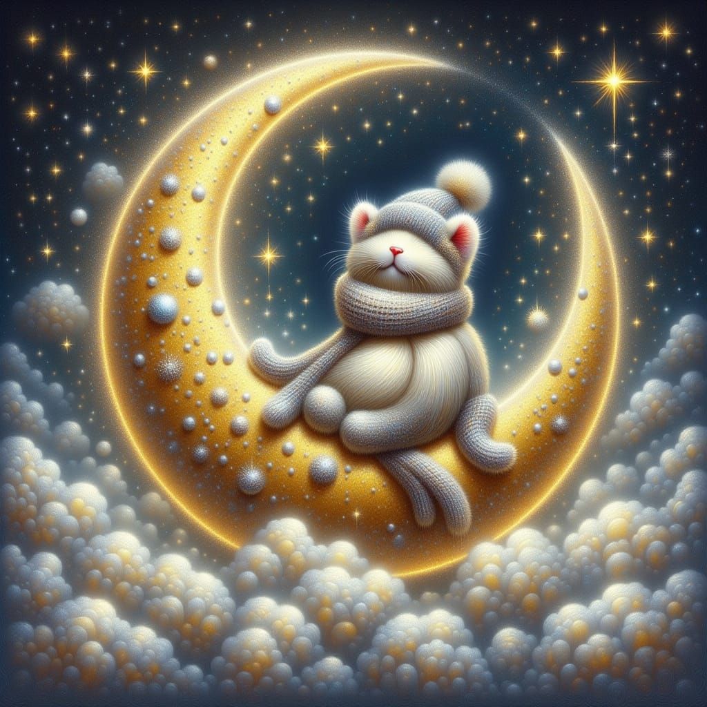 Fluffy Cat in Hat on Crescent Moon with Stars