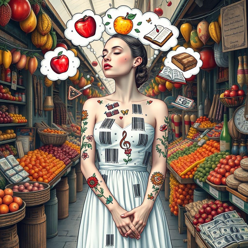 Woman with Barcode Tattoos in Surreal Market