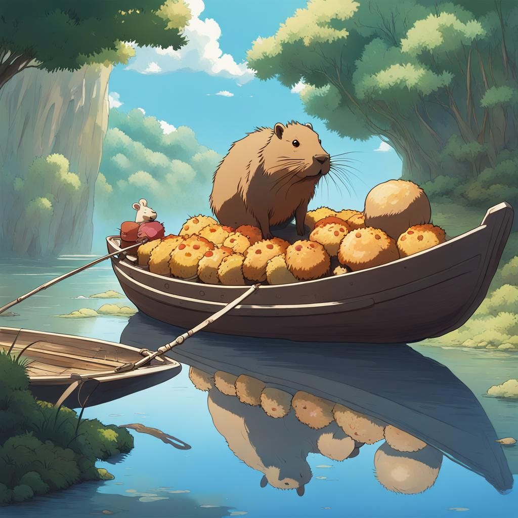 Capybara on Takoyaki Boat in Ghibli Anime Style