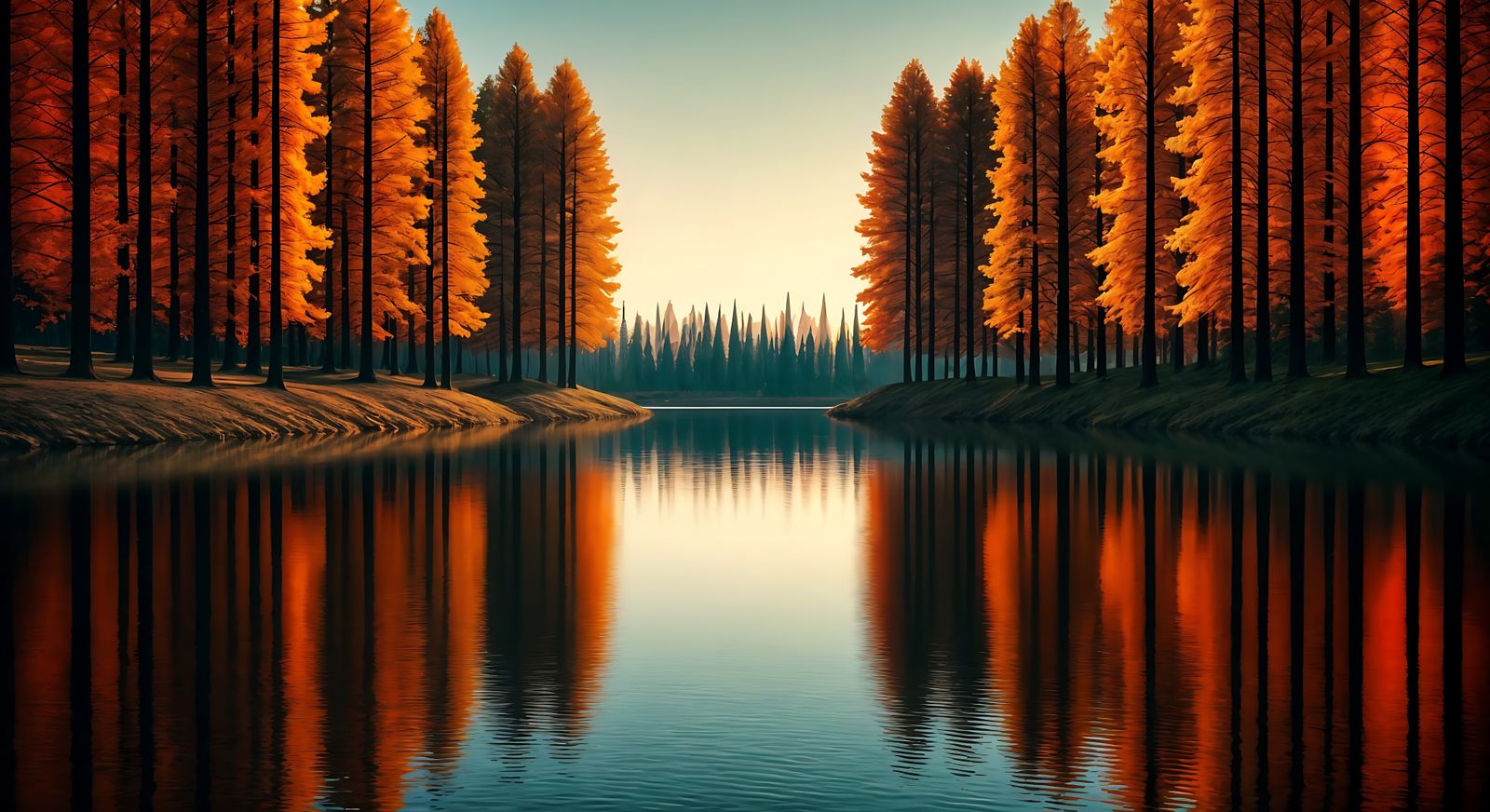 Autumn Lakeside Reflection in Bauhaus Style