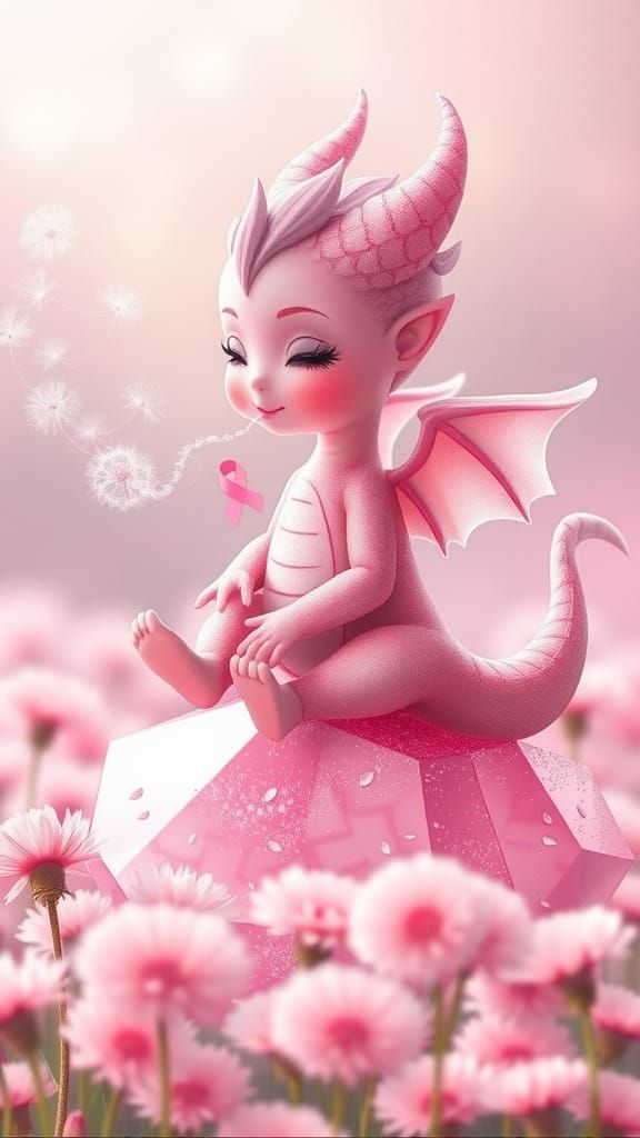 cute Pink  anthropomorphic Pink baby dragon-girl   blowing pink smoke in the shape of a pink cancer support ribbon , mak...