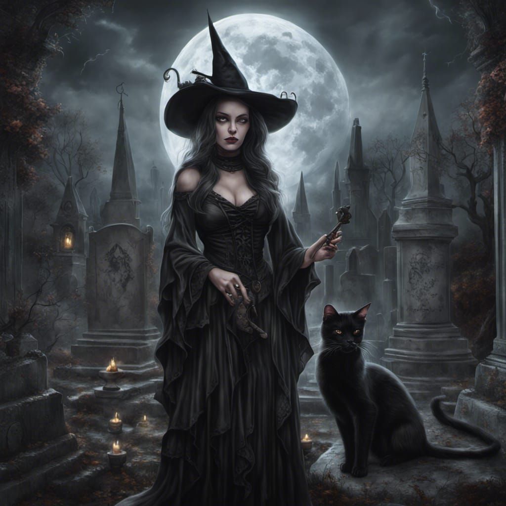 Magical Witch in Gothic Graveyard, Airbrush Painting