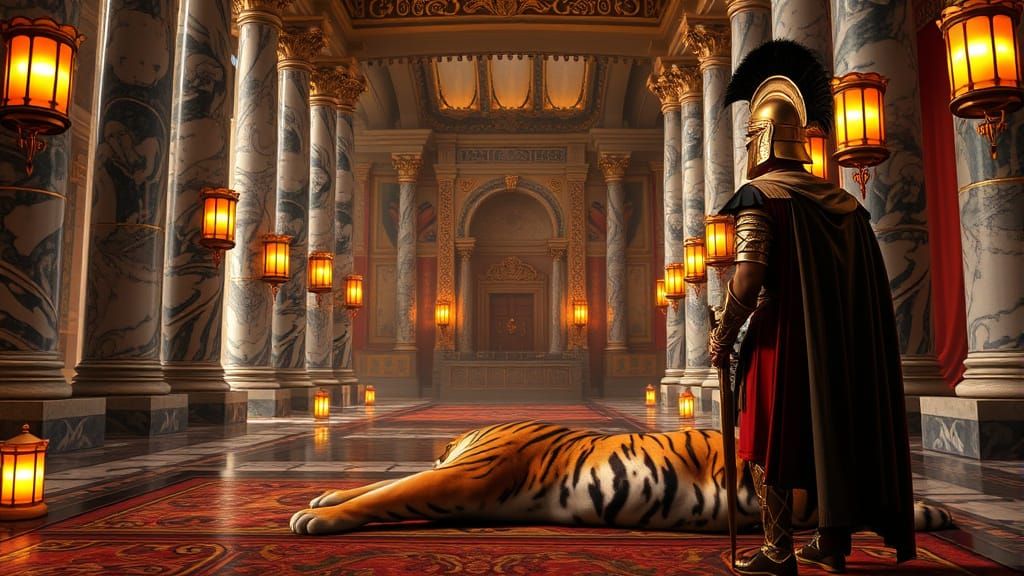 Roman Soldier in Awe of Majestic Tiger in Opulent Throne Roo...