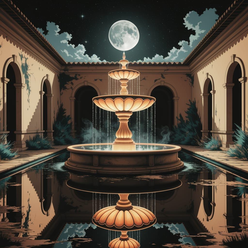 Moonlit Courtyard Fountain in Expressive Art Style