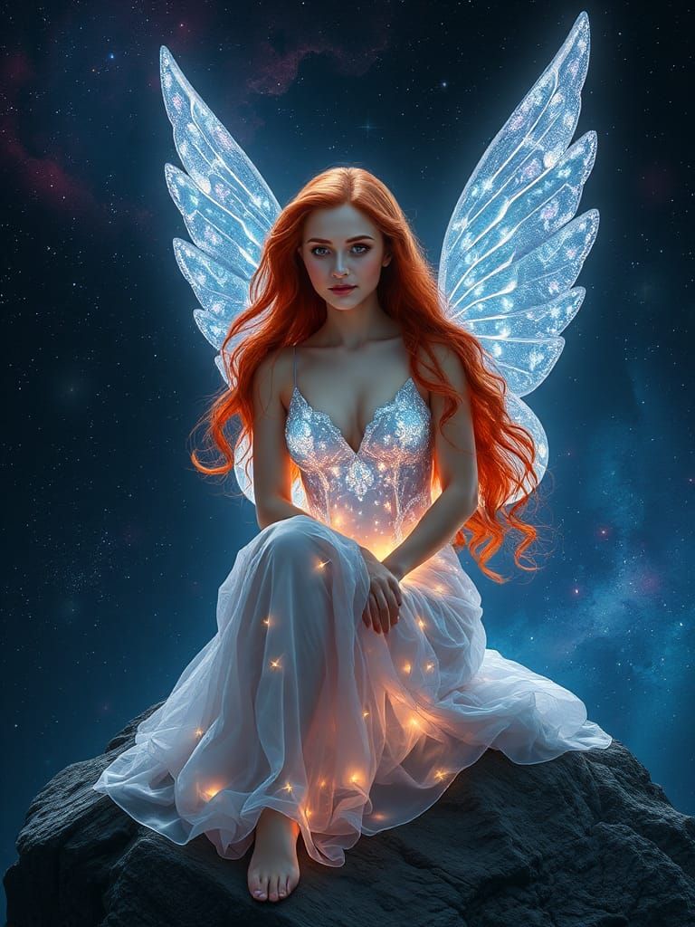 Ethereal Red-Haired Angel in Nebula Starscape