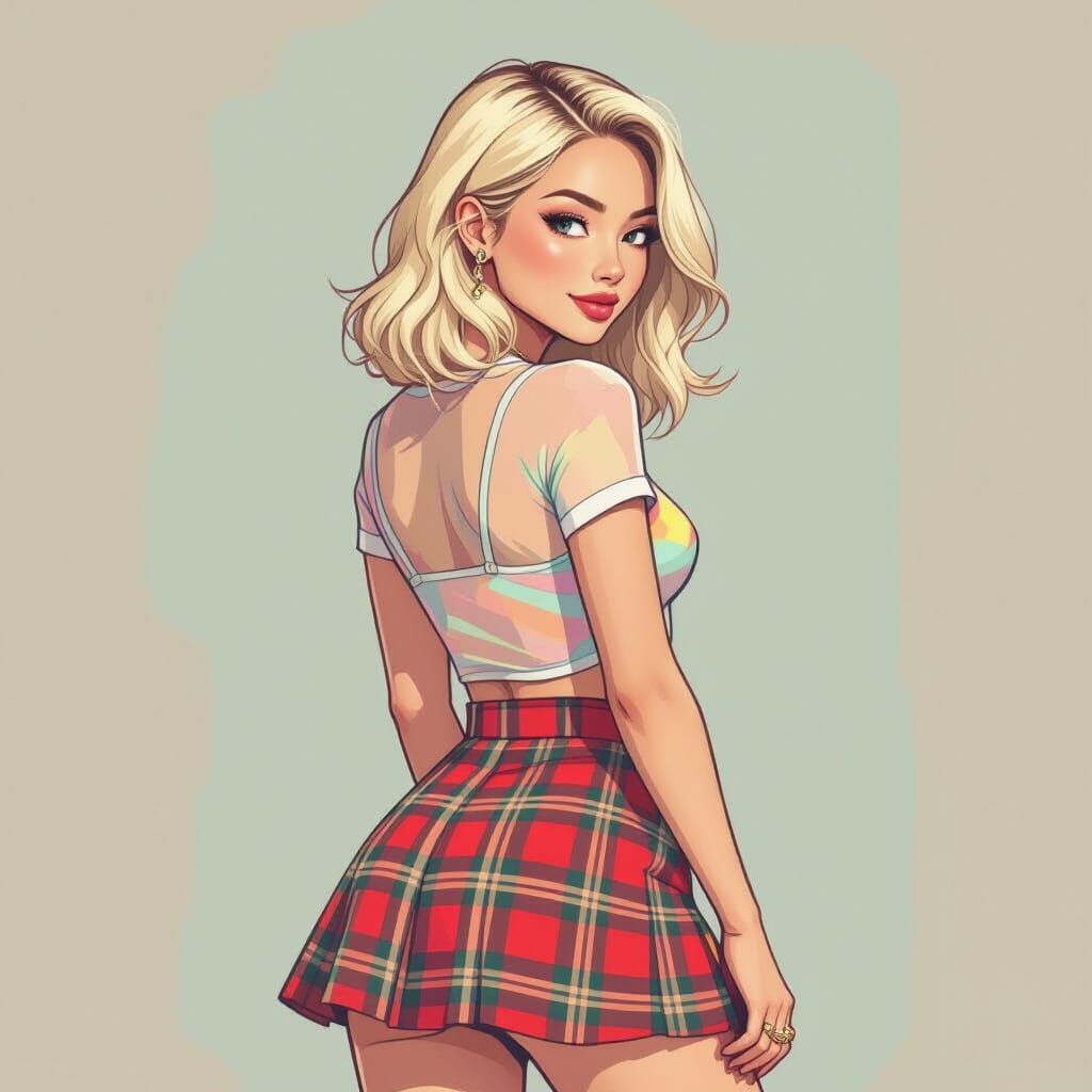 Blonde Chic in Plaid Skirt Inspired by Loish