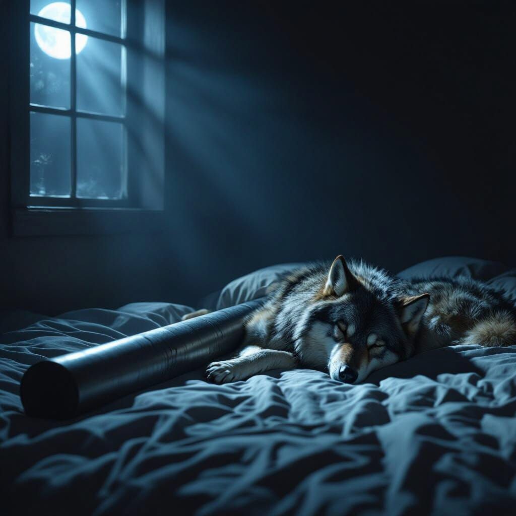 Photorealistic Wolf Sleeps on Bed Beside Steel Rod