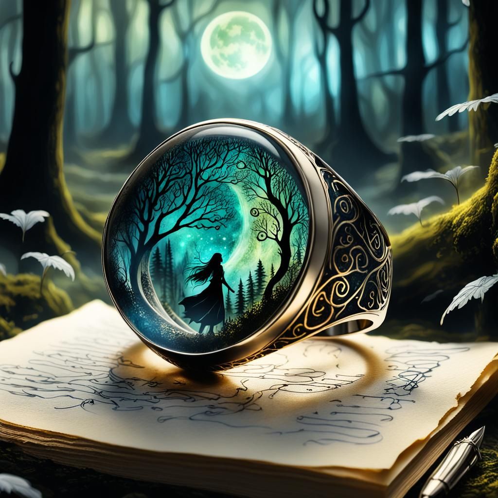 Luminescent Elven Ring on Parchment in Charcoal Style