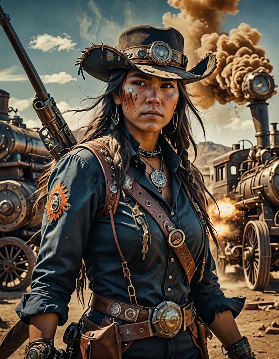 Native American Gunslinger with Steampunk Engine, Hyperreali...