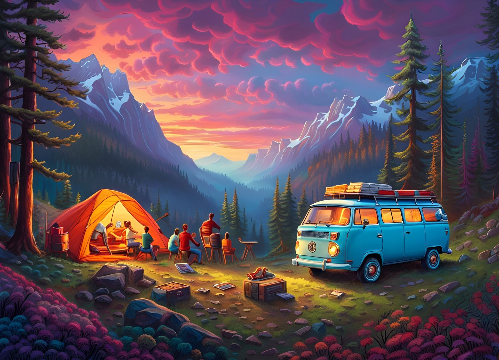 Hipster Campers in Forest with Colorful Van