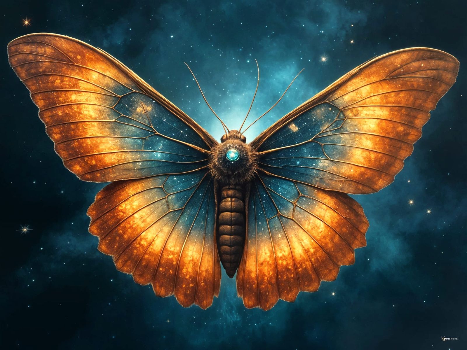 Cosmic Moth with Mirror Wings Reflecting Worlds