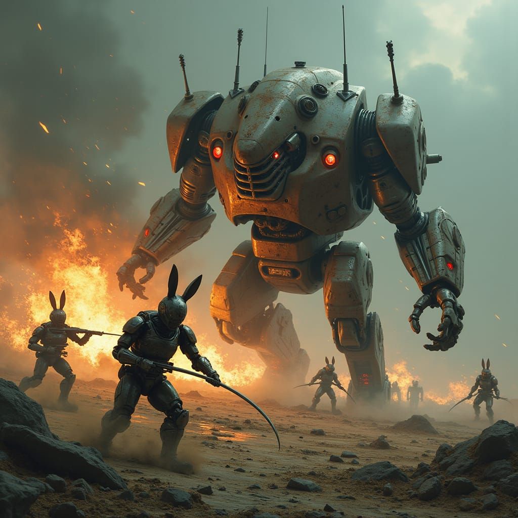 Battle-Scarred Robot Warren in Post-Apocalyptic Landscape