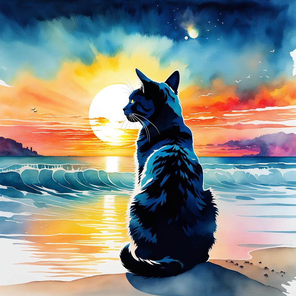 Vibrant Double Exposure Cat and Sunset Watercolor