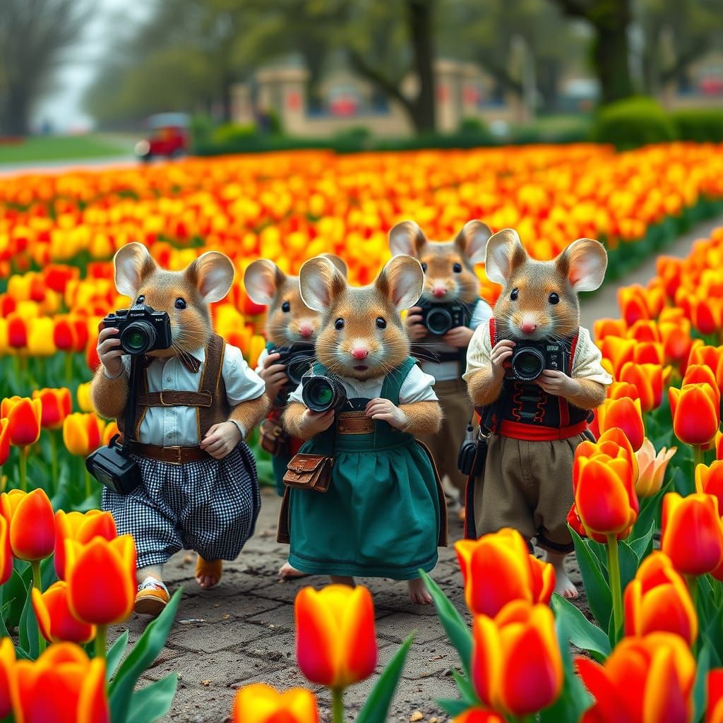 Vibrant Mice in Lederhosen Stroll through Keukenhof Tulip Fi...