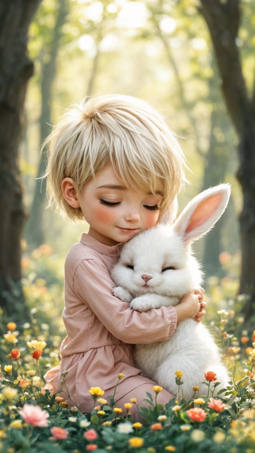 Chibi Girl Cuddles a Fluffy Bunny in Enchanted Forest