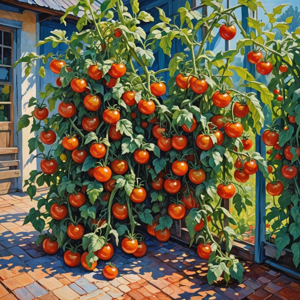 Tomatoes in Greenhouse: Neo-Impressionist Oil Painting