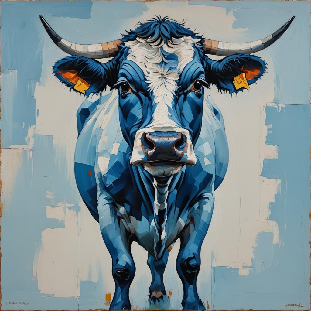 Abstract Blue Cow Minimalism in Oil Painting Style