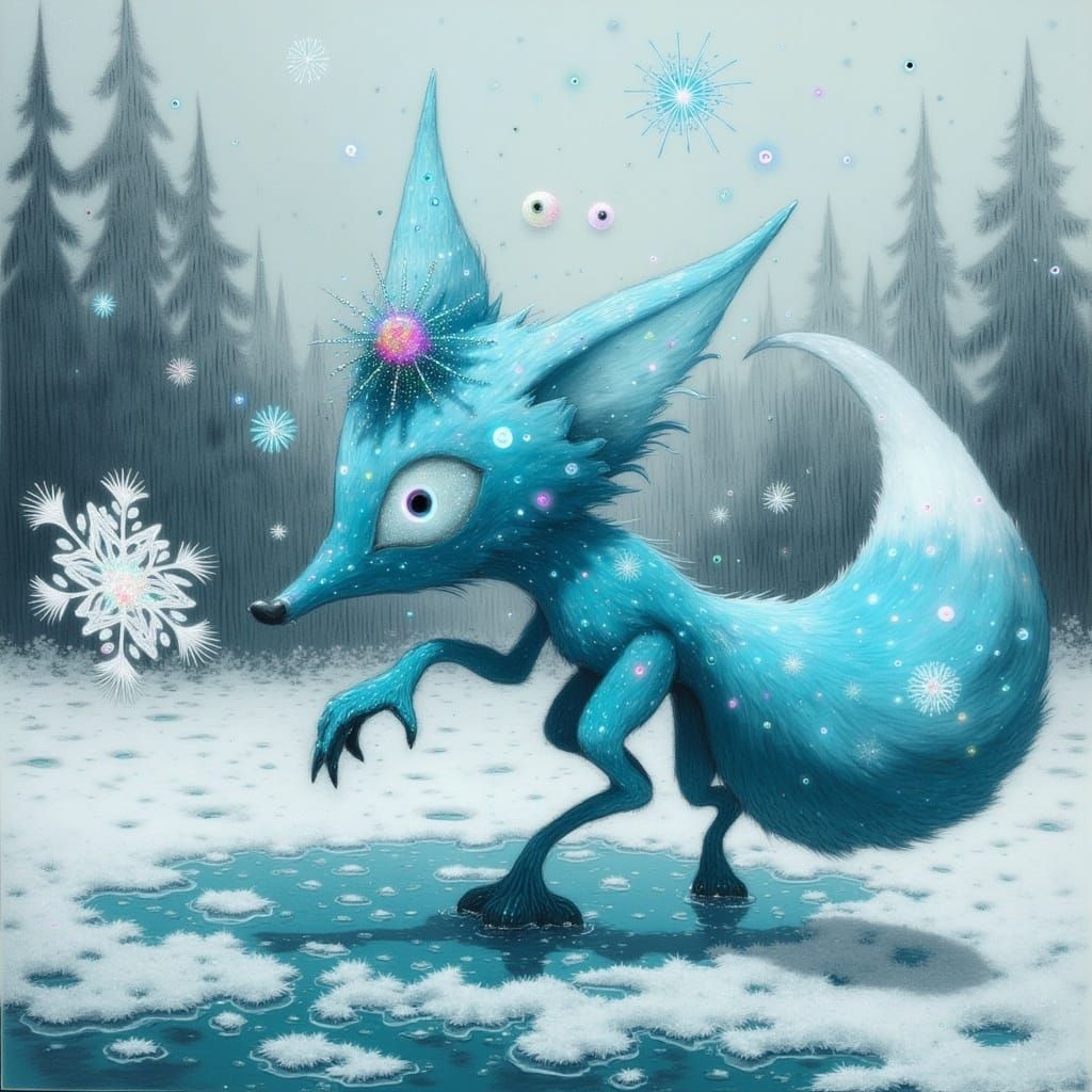 Turquoise Crystal Snow Fox Kit Plays in Winter Wonderland