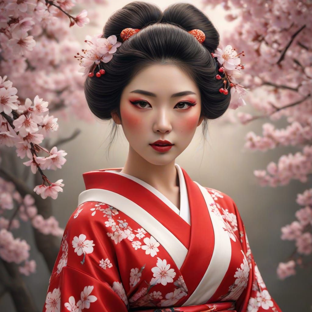Ethereal Geisha Portrait in Red Kimono