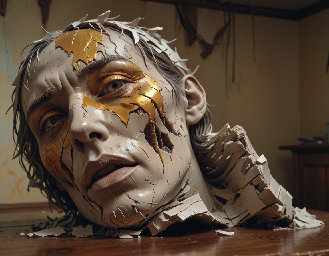 Hyper-Realistic Plaster Face Model in Dramatic Shadows