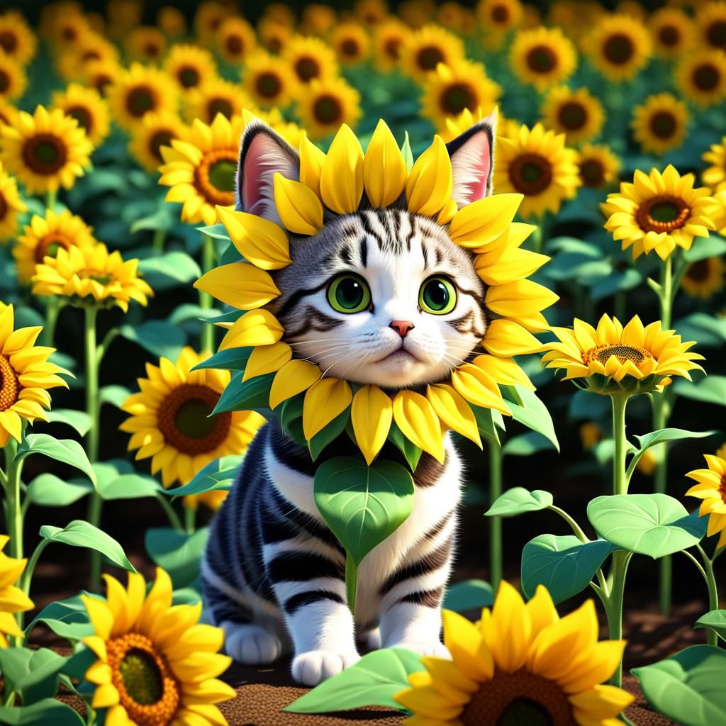 Cats Dressed as Sunflowers in 3D Anime Style