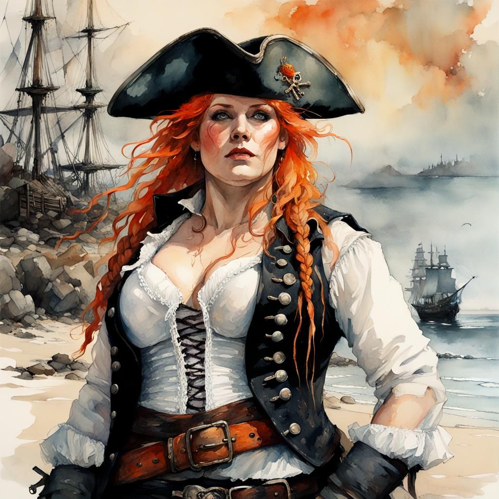 Beautiful Pirate on Island Beach Watercolor Painting