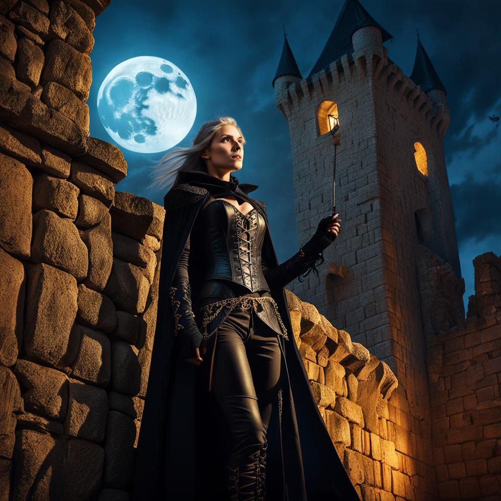Surreal Midnight Intruder Ascends Castle Battlements in Goth...