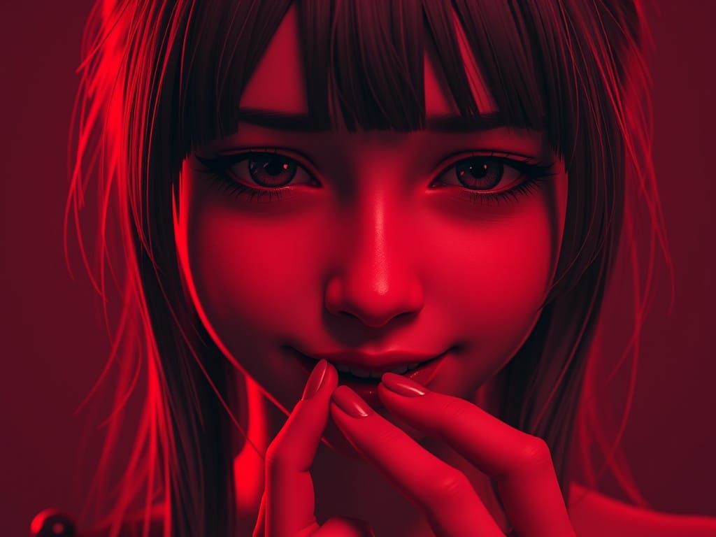 Shy Girl Blushing in Red Matte Painting