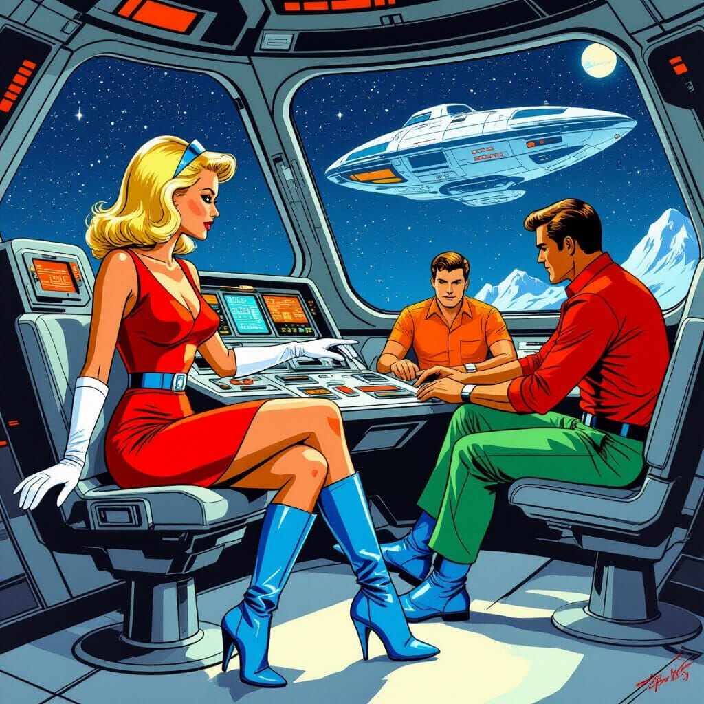 Retro Sci-Fi Space Station in Comic Book Style