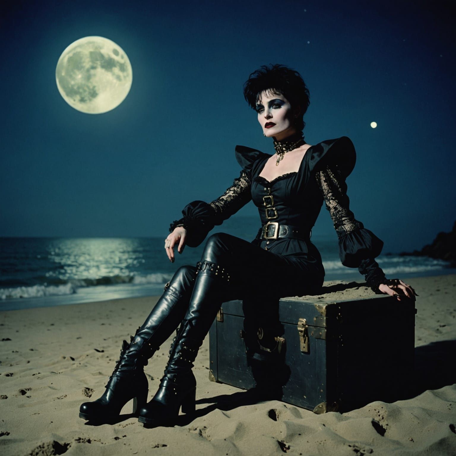 Siouxsie Sioux Lounges on Amber Beach in Gothic Finery