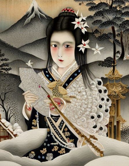 Elegant Yuki-Onna Spirit in Mixed Media Collage