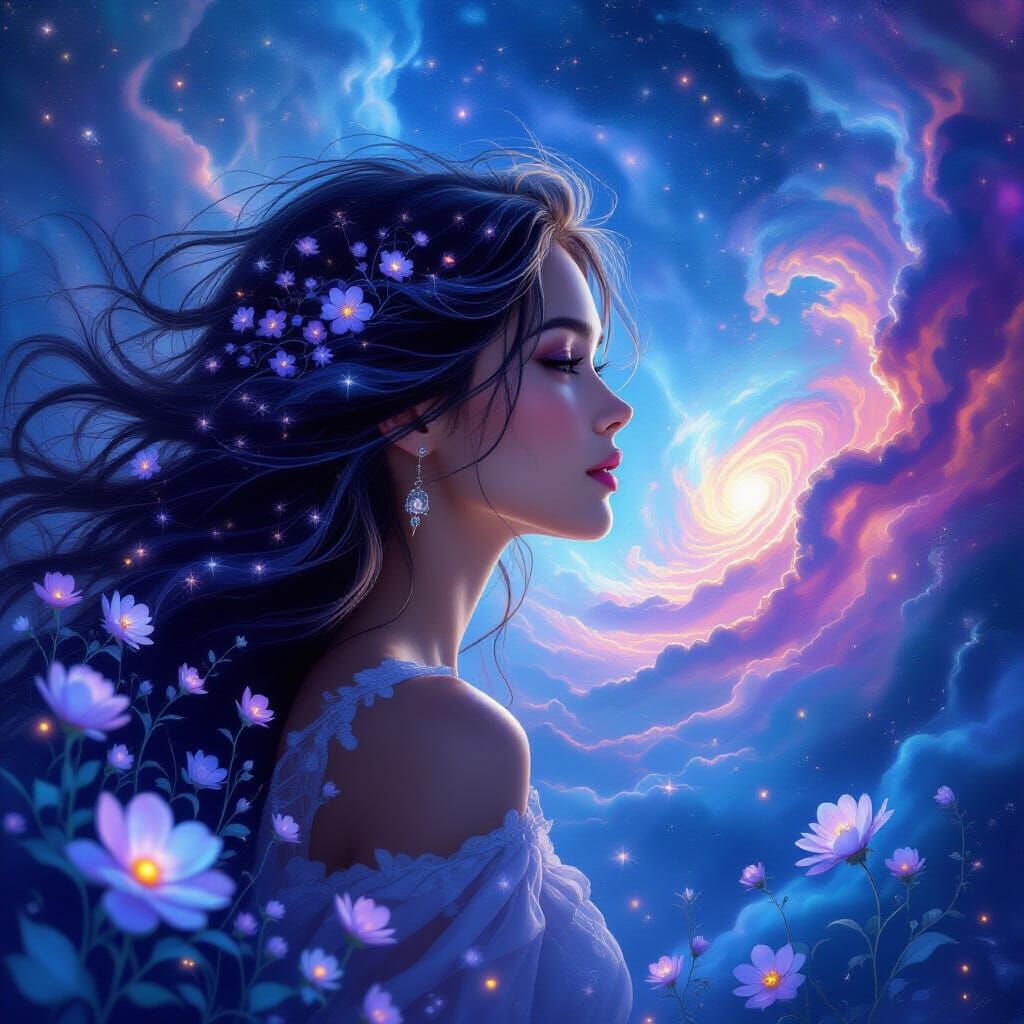 Ethereal Woman Gazes at Cosmic Nebula in Matte Painting Styl...