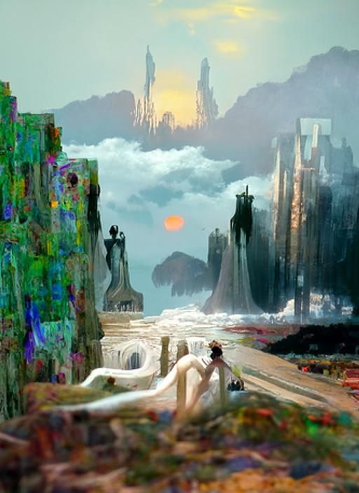 Surreal Sunset Over Bay in Art Nouveau Style