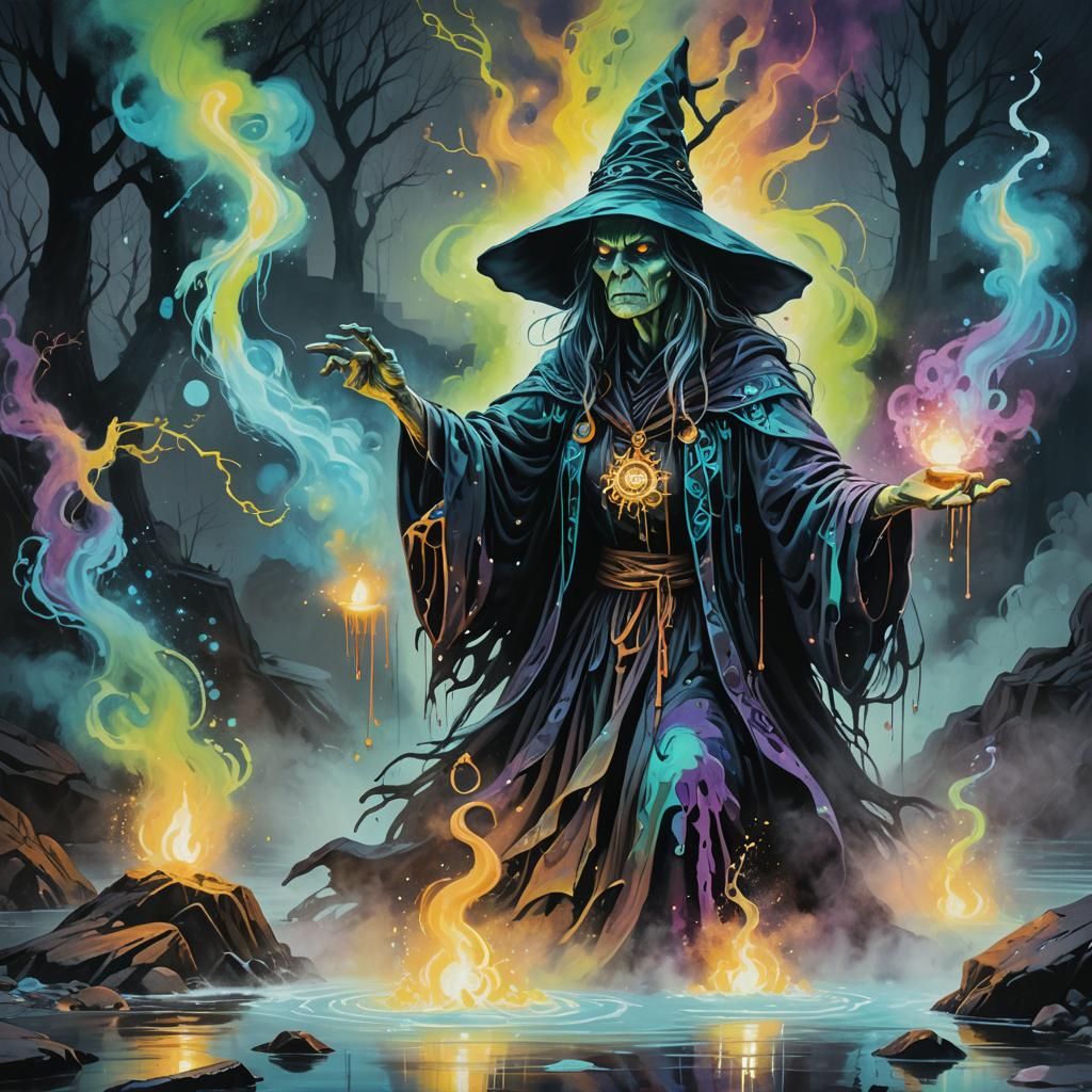 Witch's Incantation: Vibrant Street Art Near Misty River