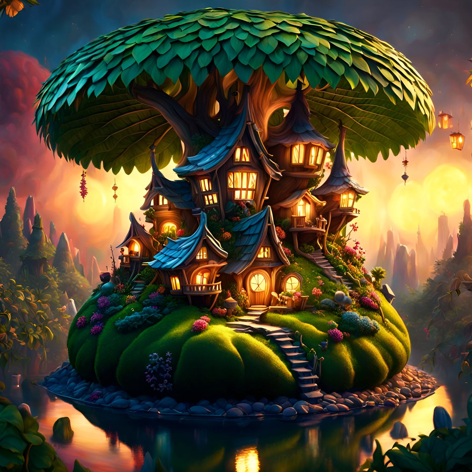 Surreal Fairy Village on Giant Leaf in Cartoon Style